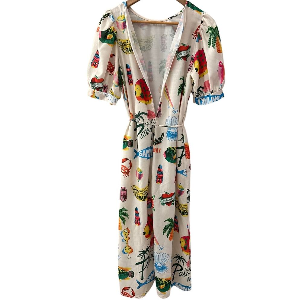 Sunday Up Paradise Printed Puff Sleeve Midi Dress Beige Multi Size Medium - Picture 7 of 11